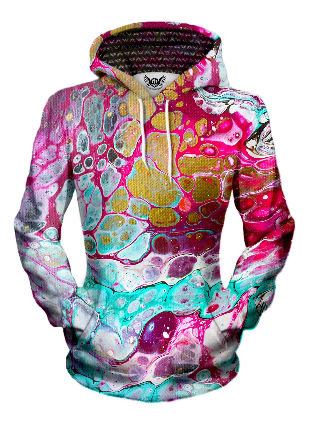 Women's front view of trippy marble painting pullover hoodie.