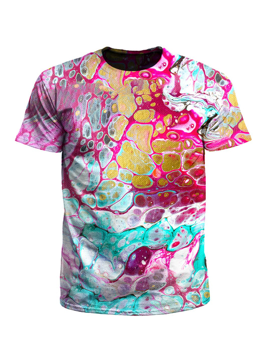 Men's gold, pink & teal marbling unisex t-shirt front view.