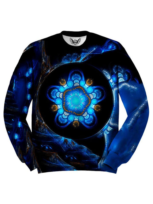 All over print blue & black alien tech mandala unisex sweater by GratefullyDyed Apparel front view.