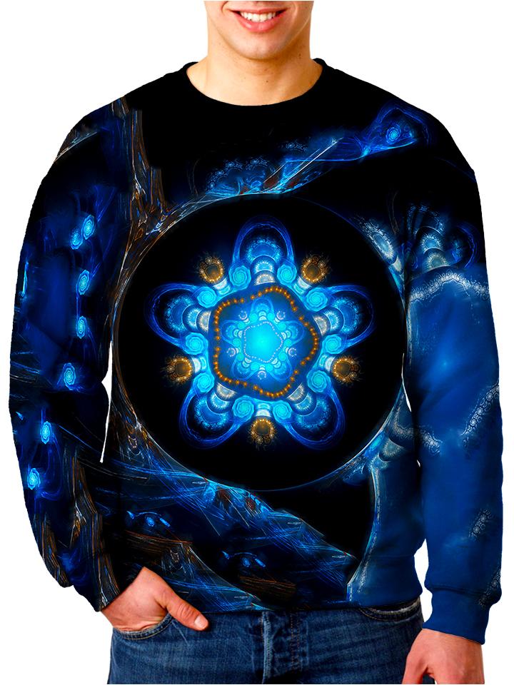 Model wearing Gratefully Dyed Apparel alien tech mandala unisex sweater. 