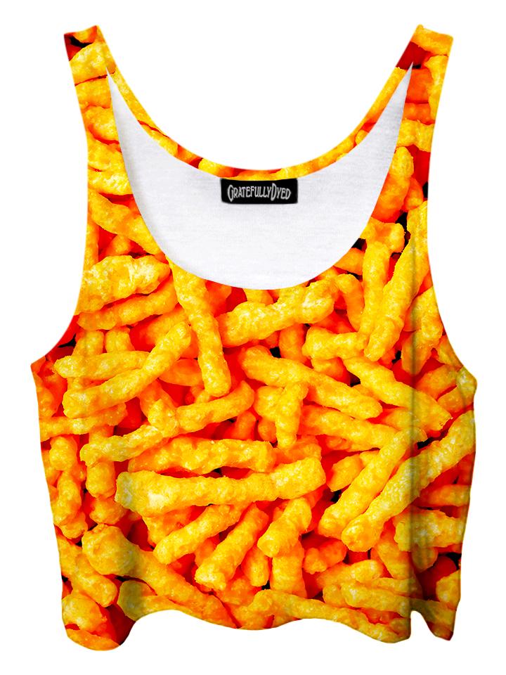 Trippy front view of GratefullyDyed Apparel orange cheetos crop top.