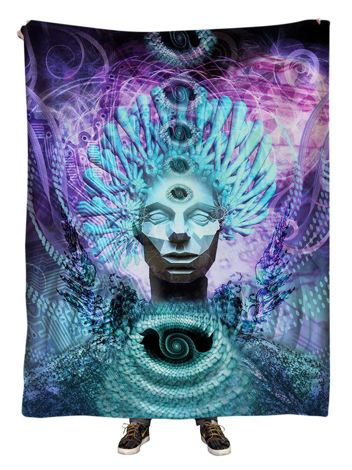 Hanging view of all over print blue & purple visionary art blanket by GratefullyDyed Apparel.