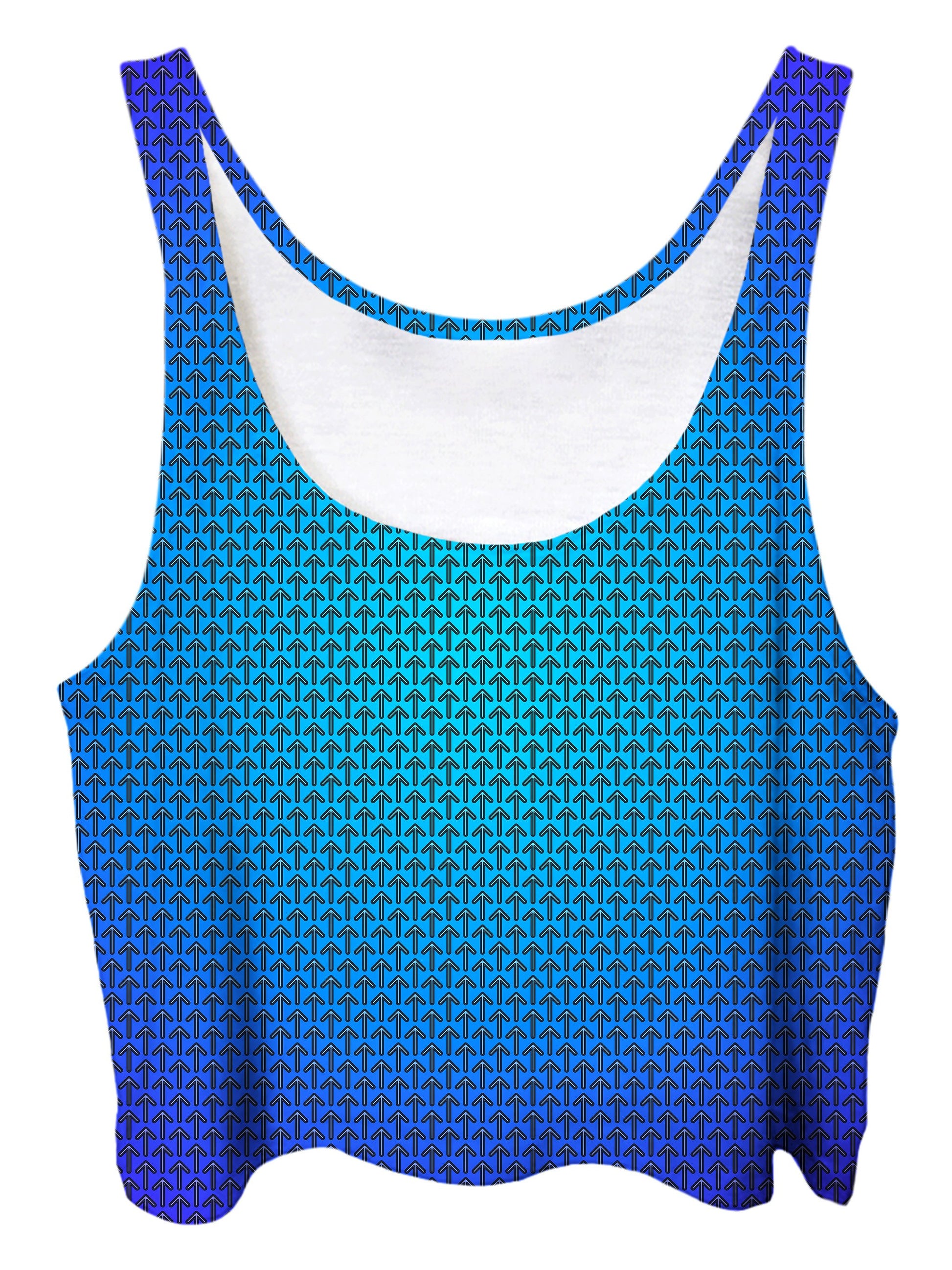 Trippy front view of GratefullyDyed Apparel electric blue ombre crop top.