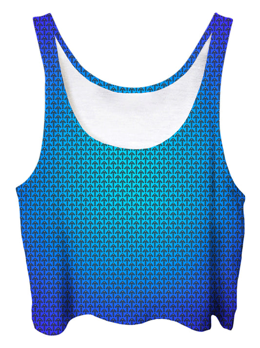 Trippy front view of GratefullyDyed Apparel electric blue ombre crop top.