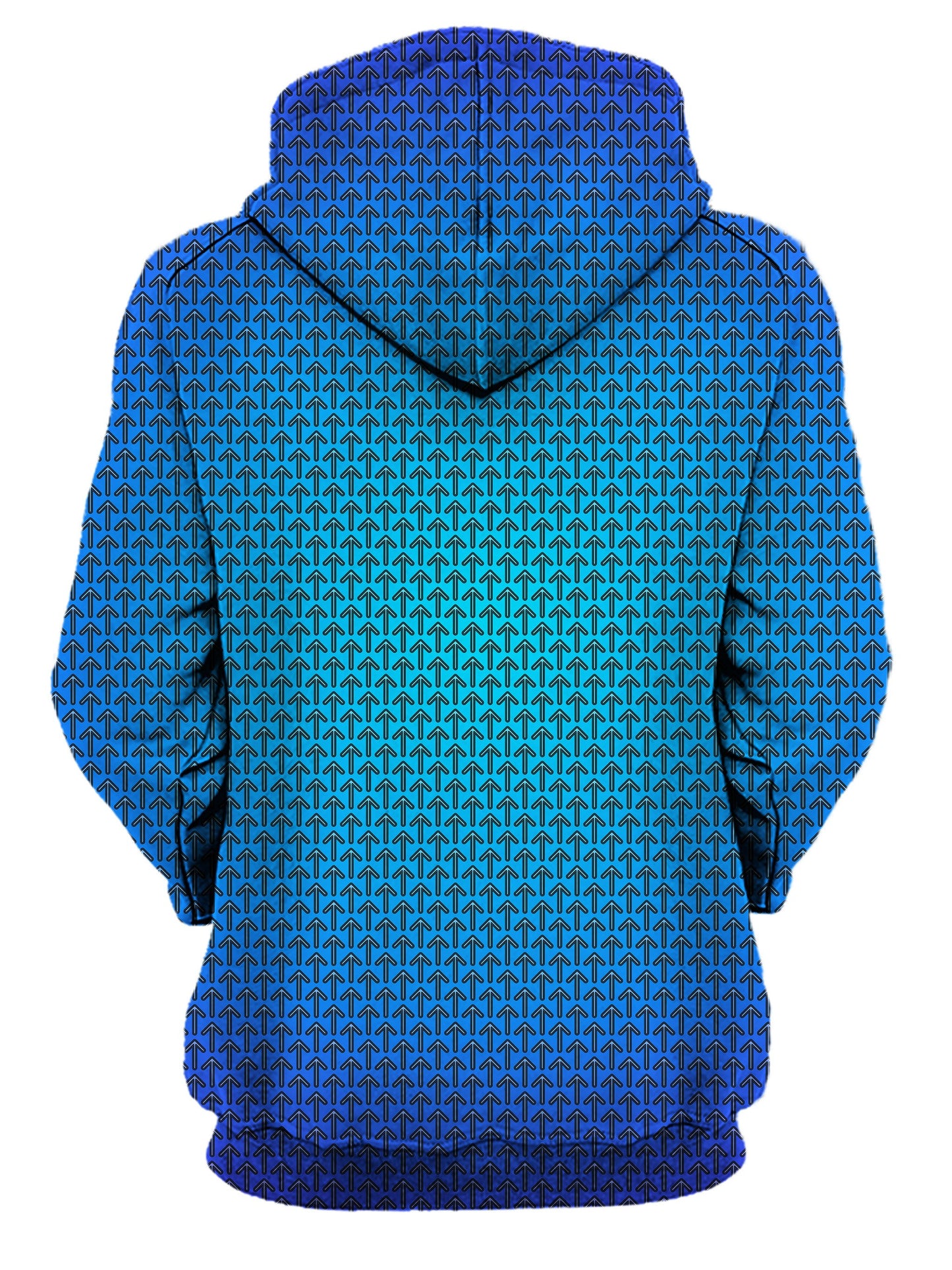 back view of blue and green music festival pattern hoodie