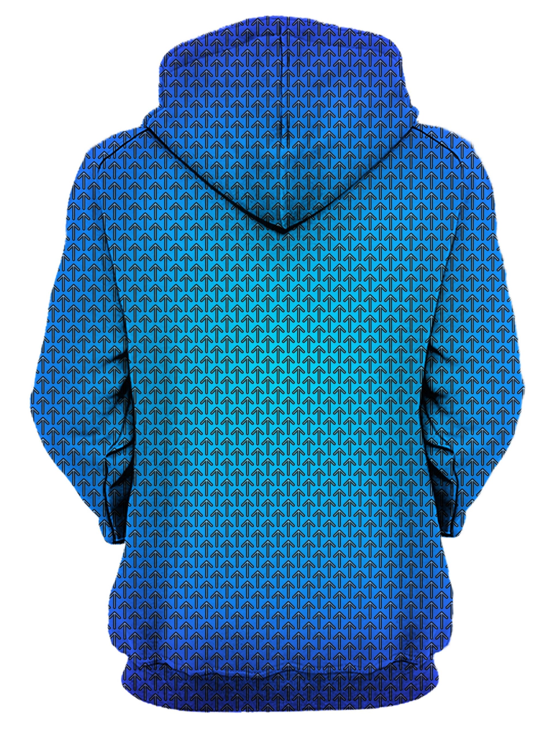 back view of blue and green music festival pattern hoodie
