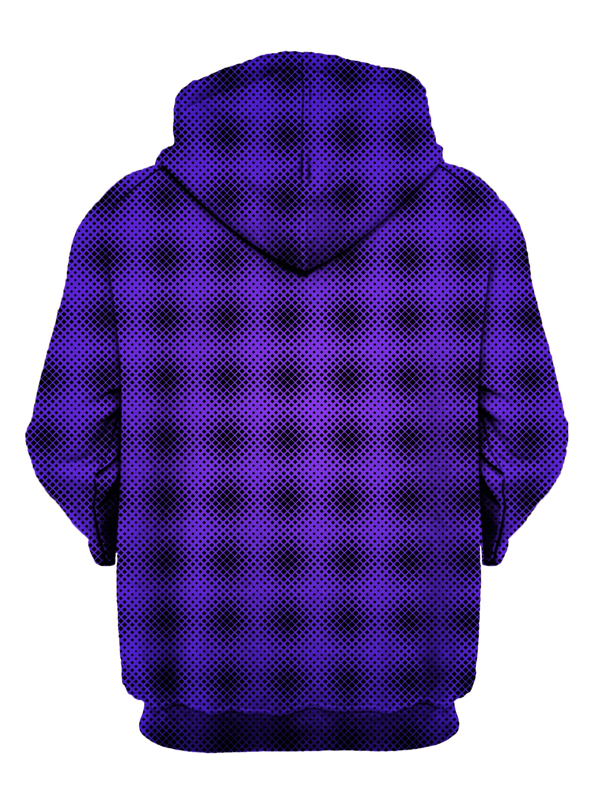 back view of unisex purple and pink fade pattern hoodi