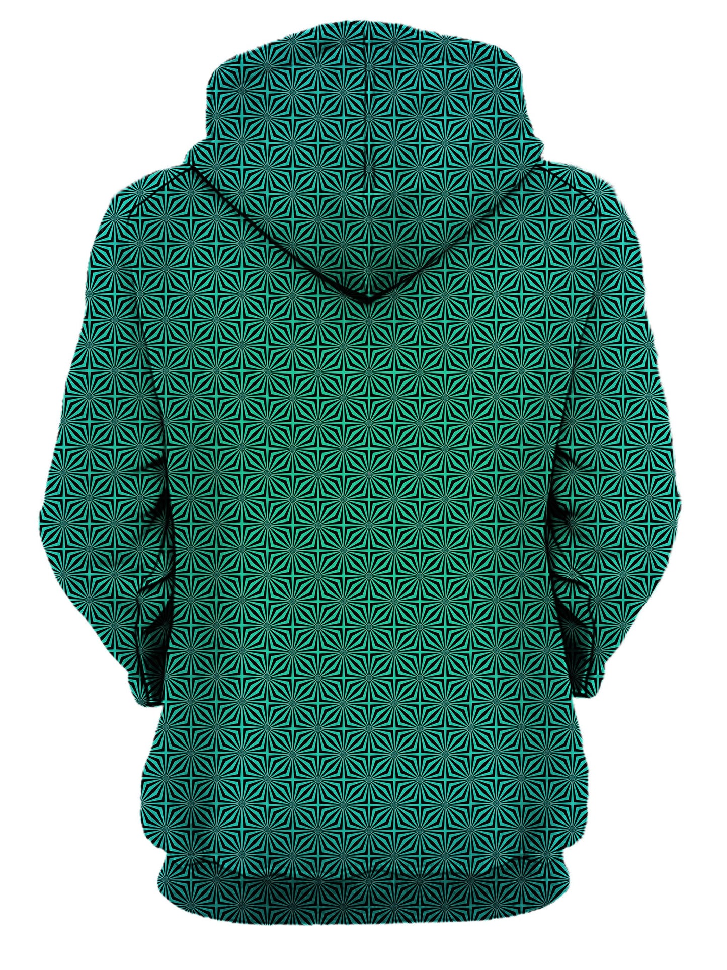 back view of blue and green psychedelic pattern hoodie