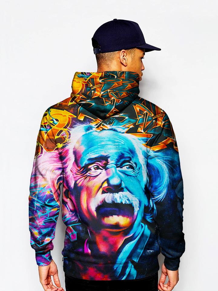 Man In Colorful Albert Einstein Pullover Hoodie Back View