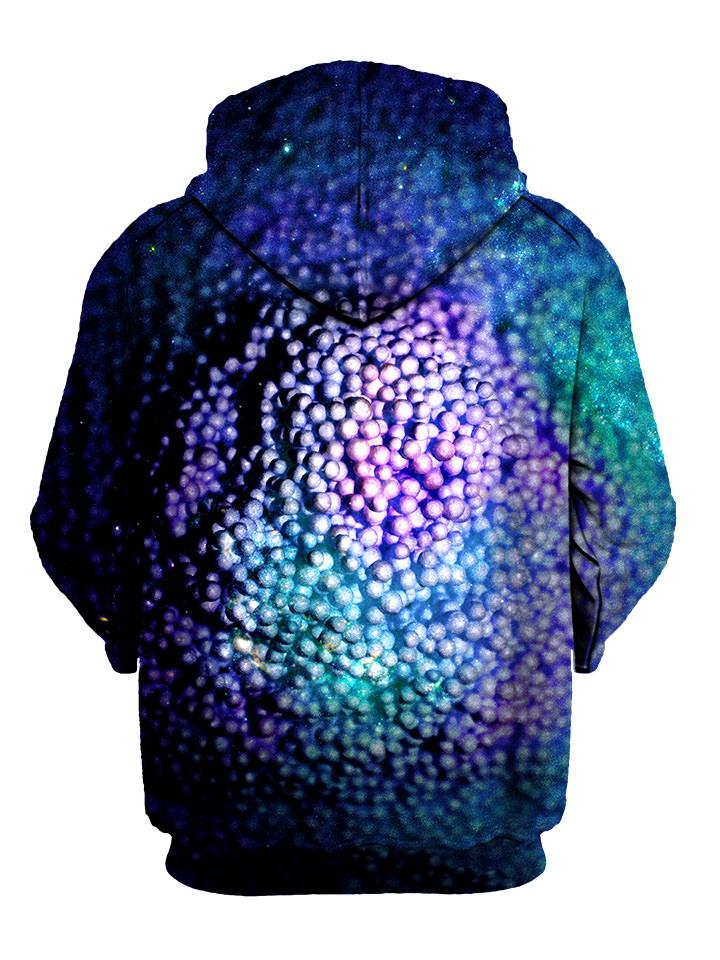 Blue and purple dots all over print pullover hoodie back view