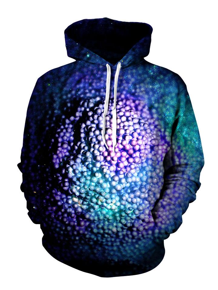 Blue and purple dots all over print pullover hoodie front view