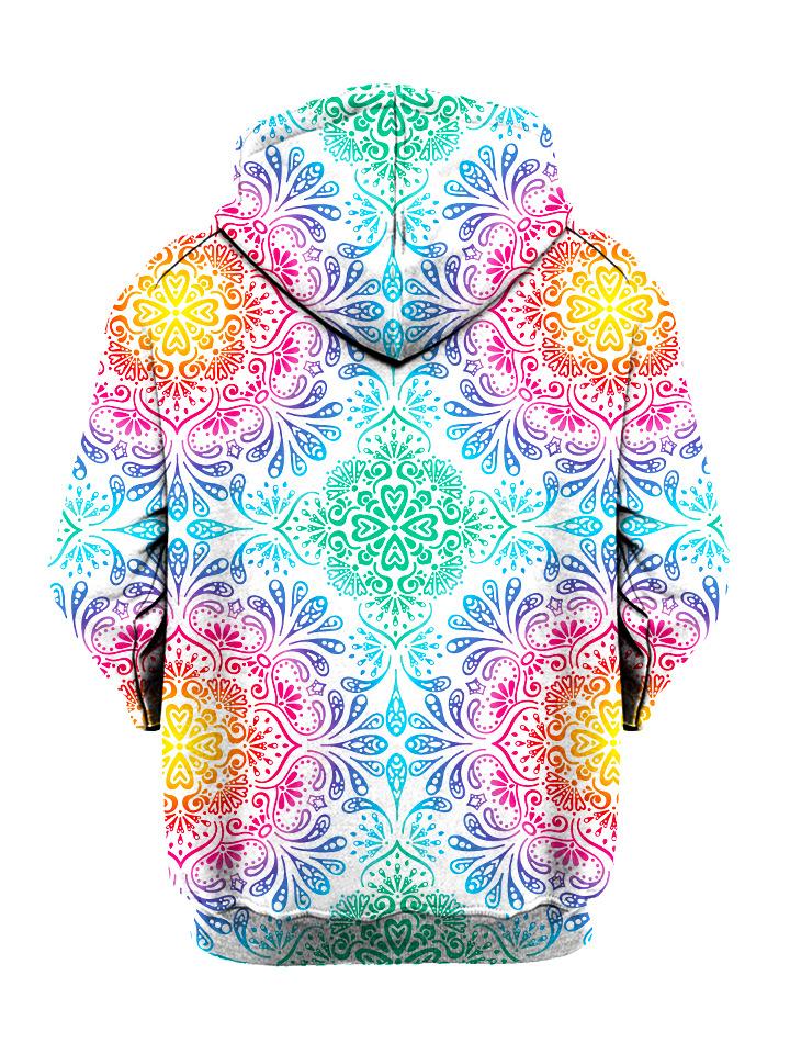 Pastel colored mandala flower print pullover hoodie back view