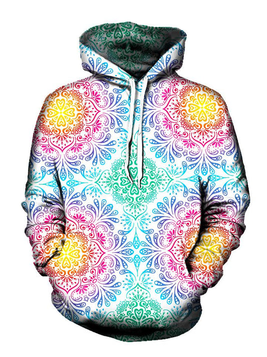 Pastel colored mandala flower print pullover hoodie, front view with white strings