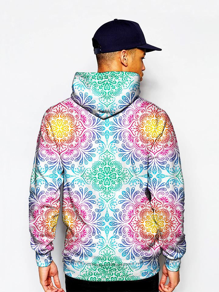Model in pastel colored mandala flower print pullover hoodie back view