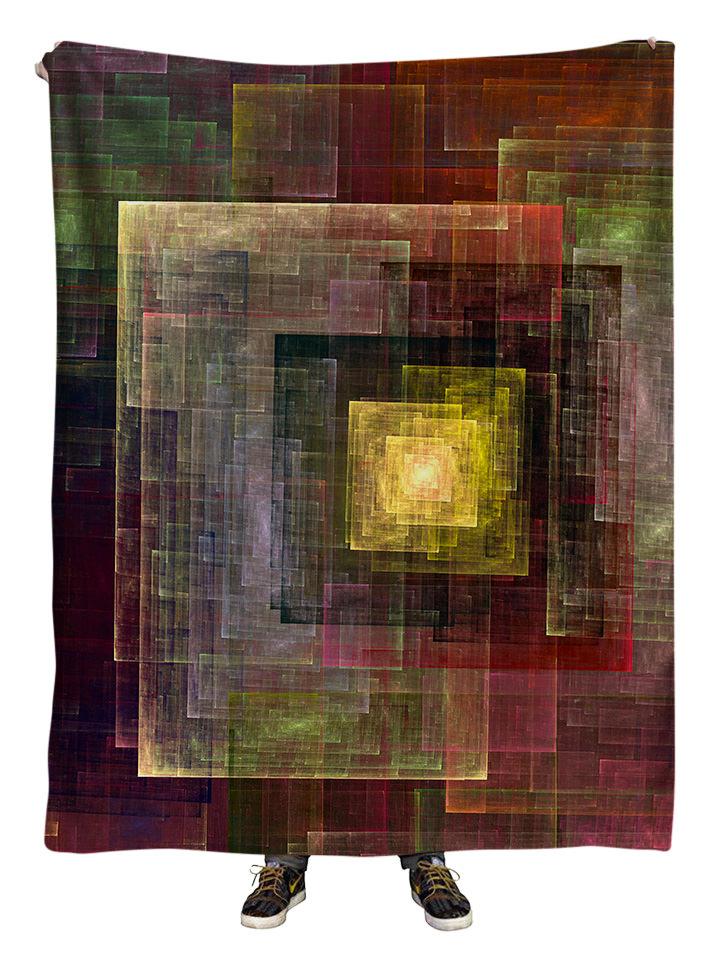 Hanging view of all over print bron & yellow geometric impressionism blanket by GratefullyDyed Apparel.