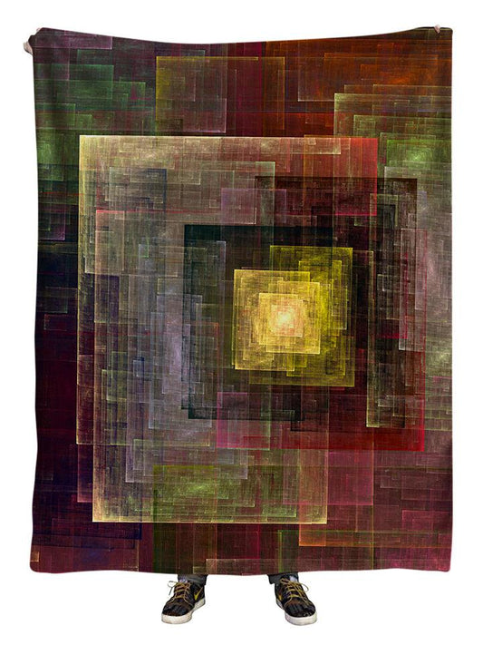 Hanging view of all over print bron & yellow geometric impressionism blanket by GratefullyDyed Apparel.