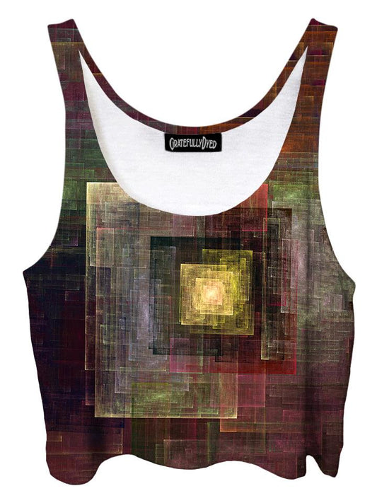 Trippy front view of GratefullyDyed Apparel brown & yellow abstract geometric crop top.