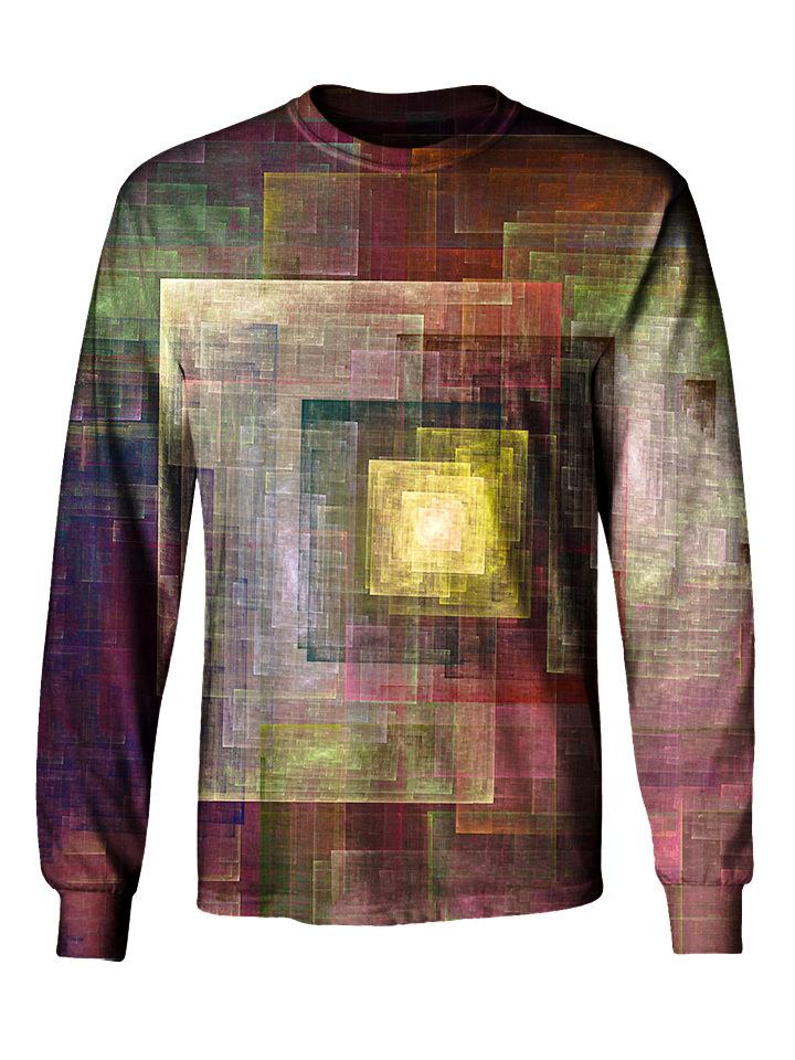 Gratefully Dyed Apparel brown & yellow geometric impressionism unisex long sleeve front view.