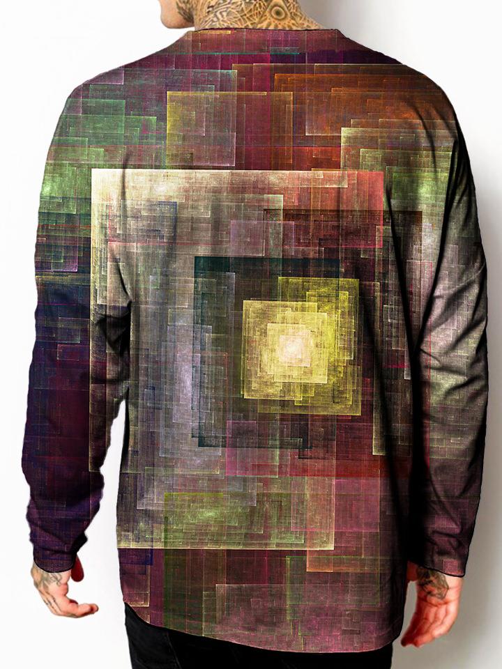 Model back view of all over print psychedelic sacred geometry unisex longsleeve.
