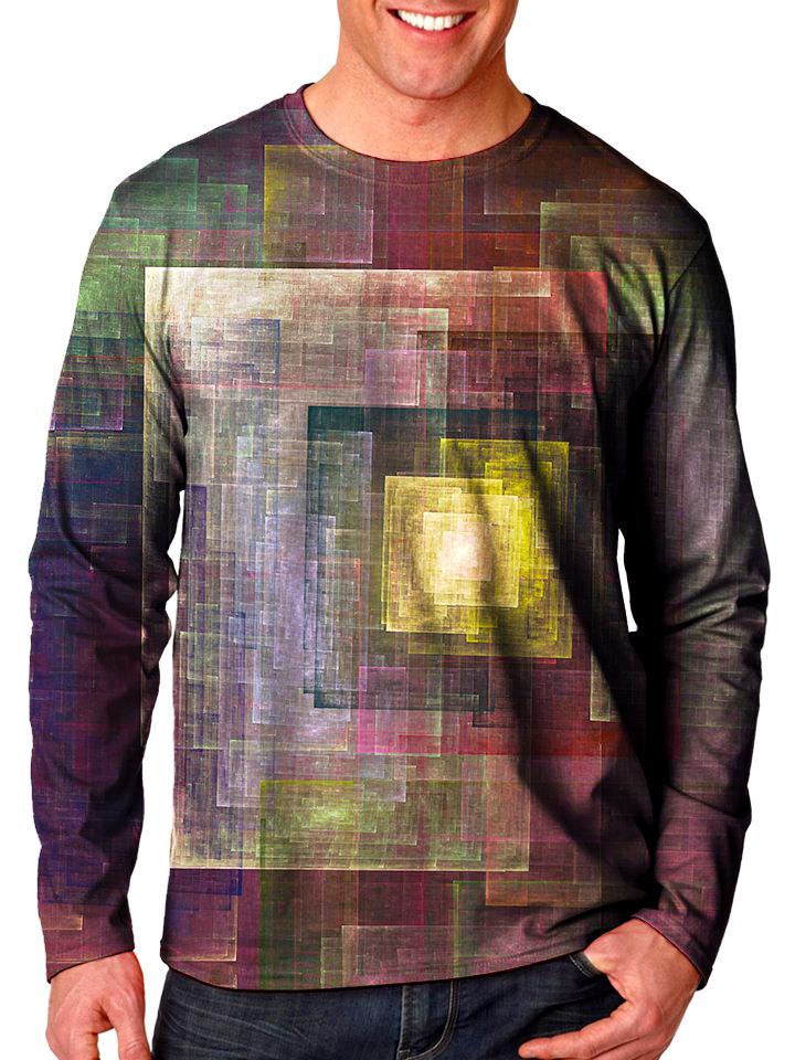 Front view of model wearing Gratefully Dyed Apparel geometric impressionism unisex long sleeve.