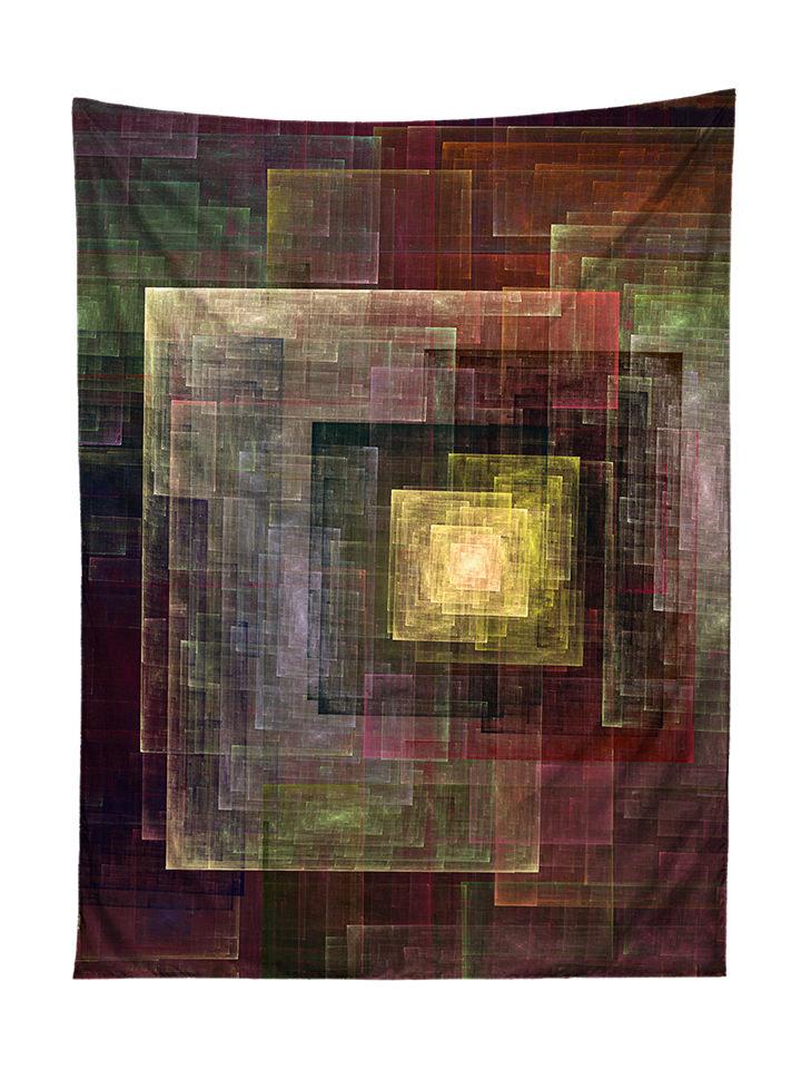 Vertical hanging view of all over print yellow & brown geometric abstract tapestry by GratefullyDyed Apparel.