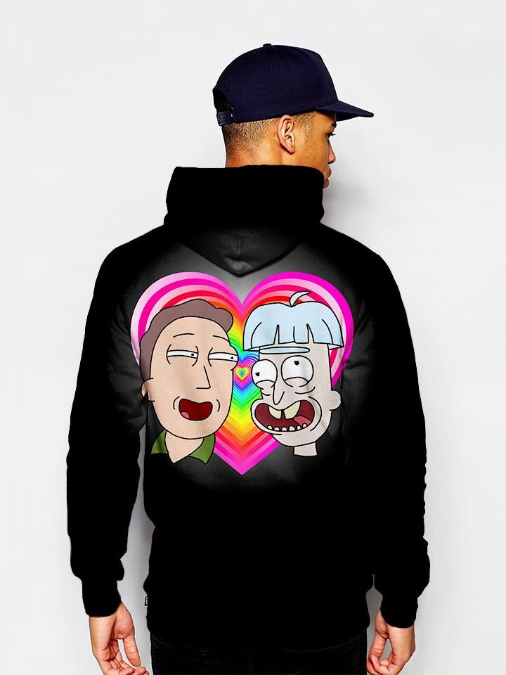Model In Trippy Jerry And Doofus Rick Pullover Hoodie Back View
