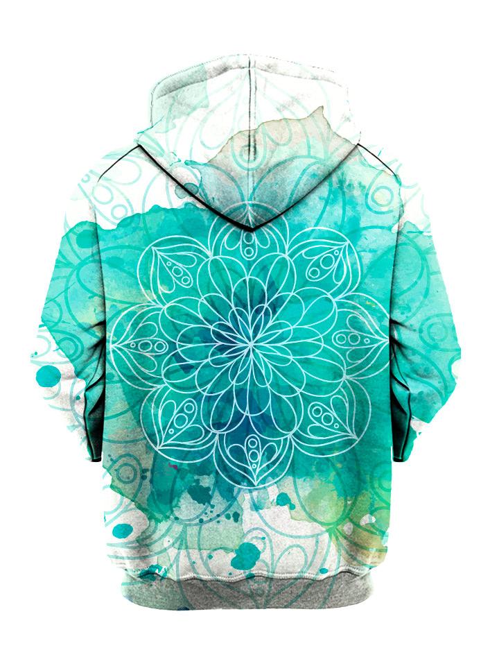 Blue splotches on white pullover hoodie with mandala art back view