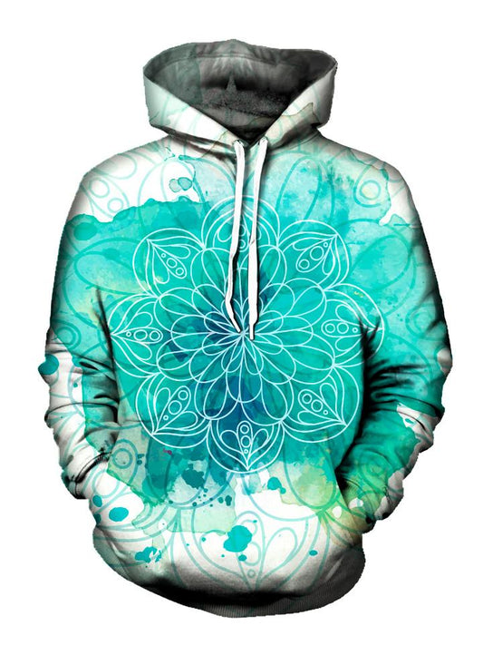 Blue splotches on white pullover hoodie with mandala art