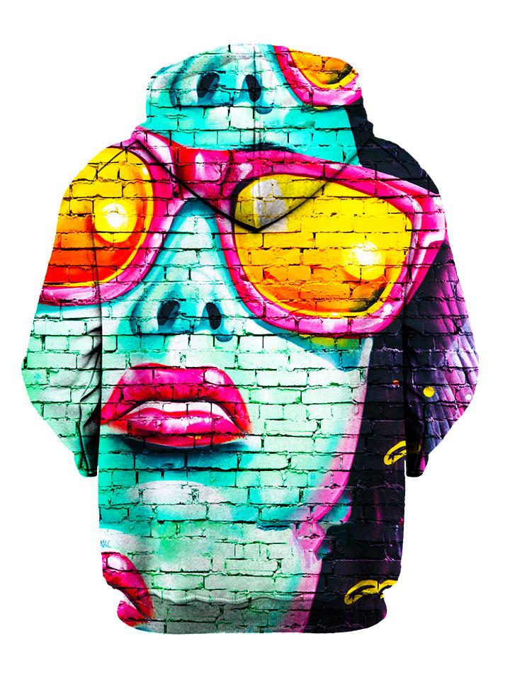 Blue girl urban mural on brick print pullover hoodie back view