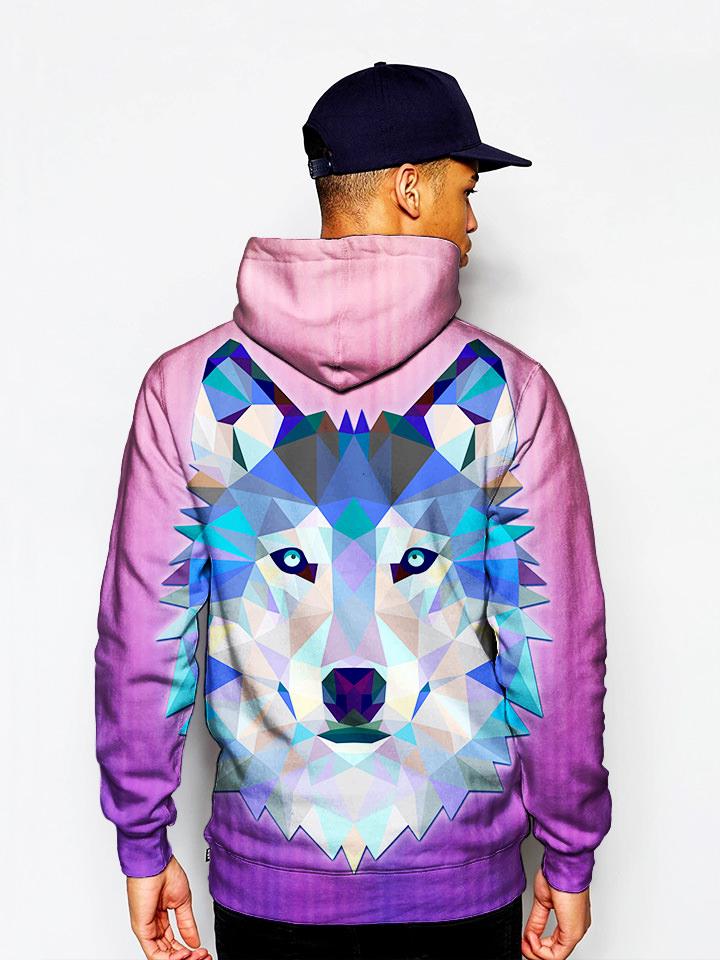 Model In Trippy Pink And Blue Wolf Pullover Hoodie Back View