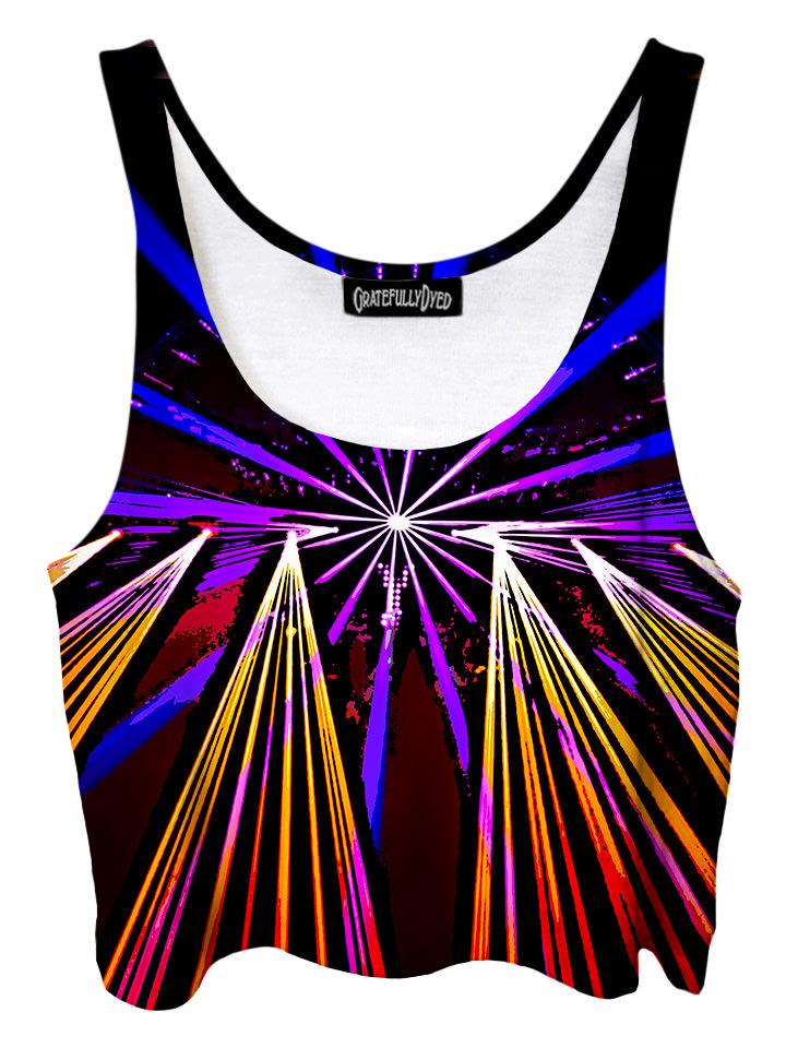 Trippy front view of GratefullyDyed Apparel purple, yellow & black light show mandala crop top.