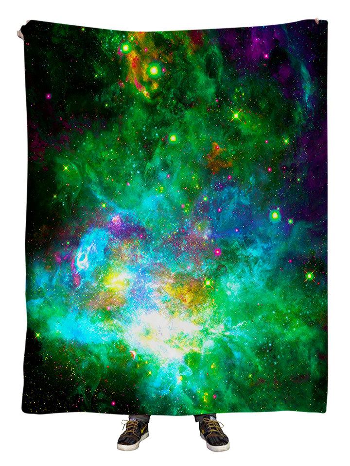 Hanging view of all over print neon green & blue galaxy blanket by GratefullyDyed Apparel.