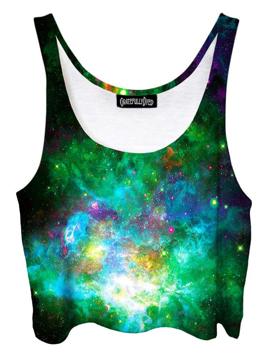 Trippy front view of GratefullyDyed Apparel green, blue & pink galaxy crop top.