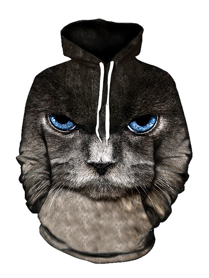 Up close blue cat eyes pullover hoodie with white strings, front view