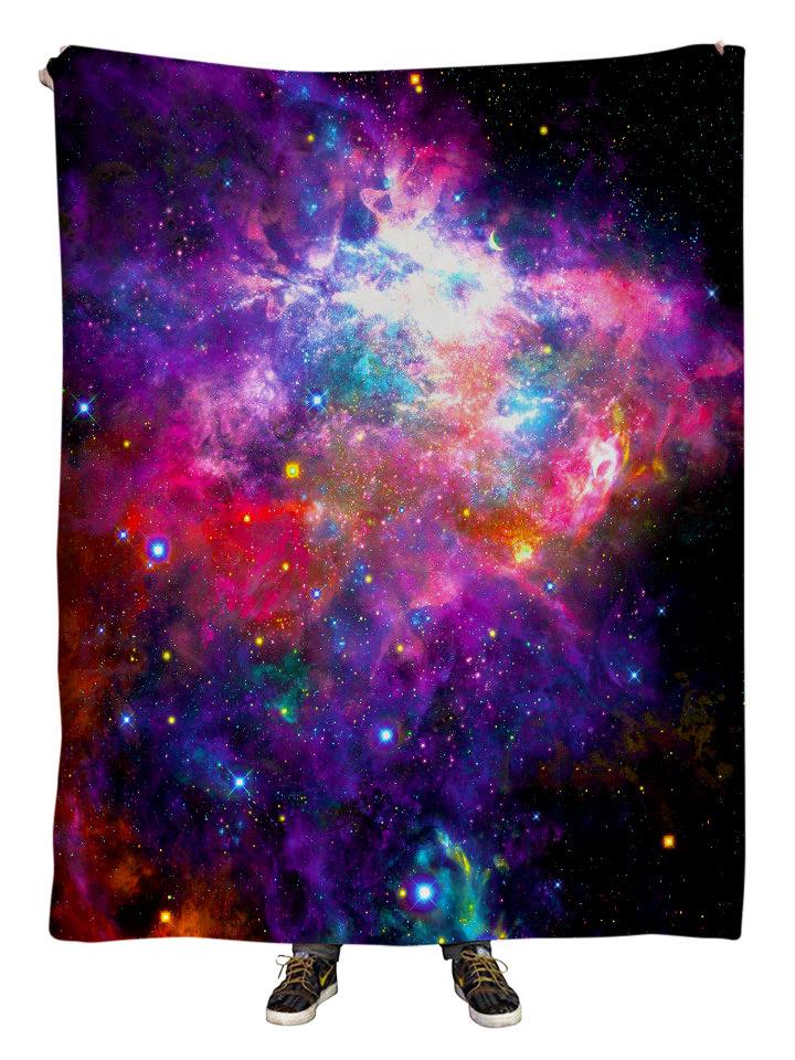 Hanging view of all over print hot pink & rainbow galaxy blanket by GratefullyDyed Apparel.