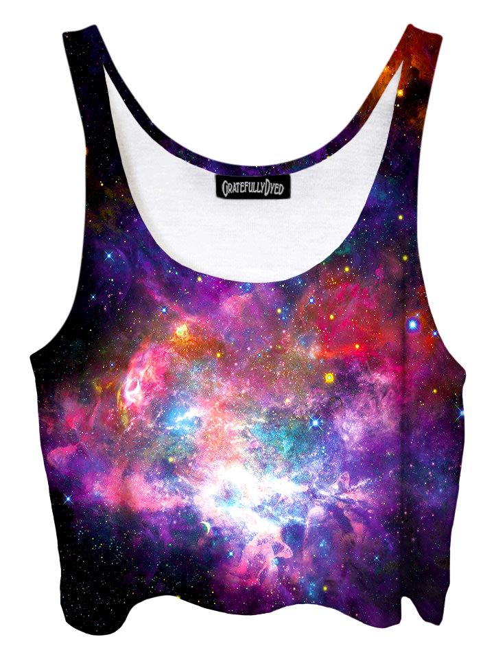 Trippy front view of GratefullyDyed Apparel pink & rainbow nebula galaxy crop top.