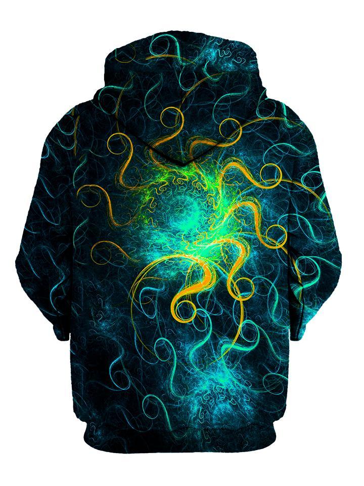 Back view of green, blue & black psychedelic mandala hoody by Gratefully Dyed Apparel. 