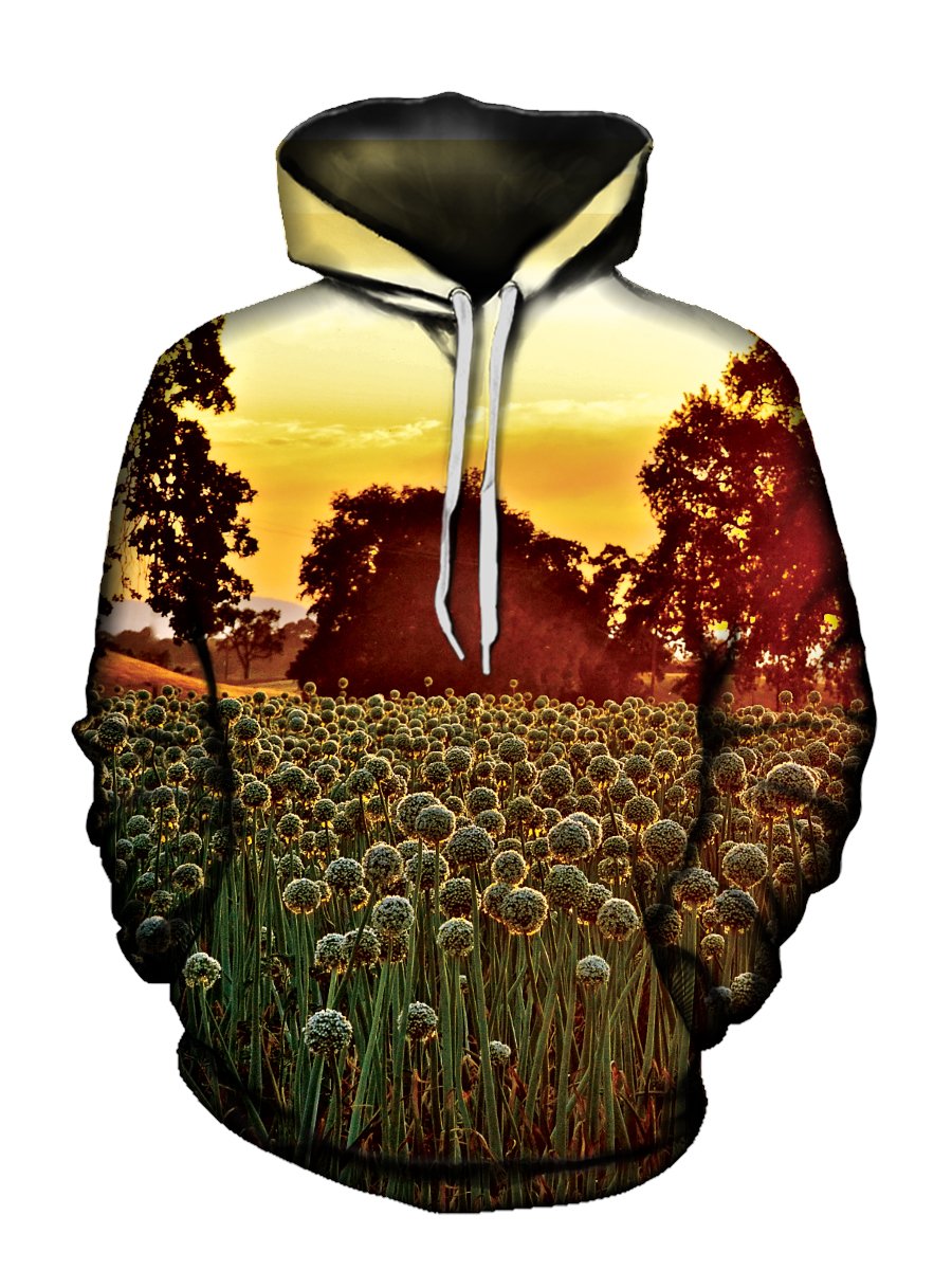 Men's yellow sky with dandelion field pullover hoodie front view.