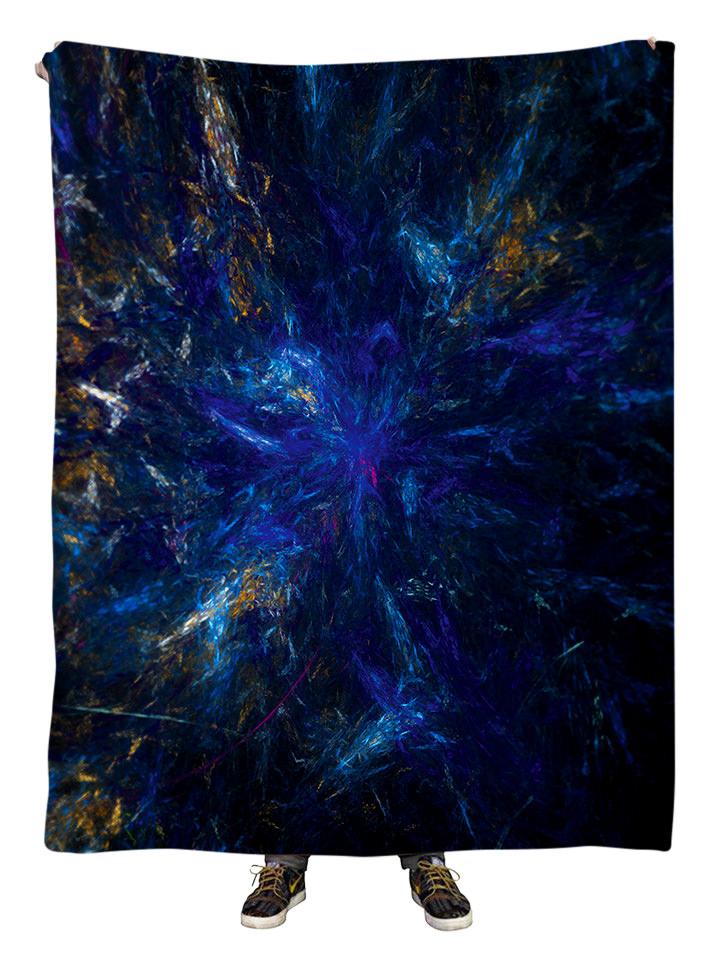 Hanging view of all over print blue & black dark forest galaxy blanket by GratefullyDyed Apparel.