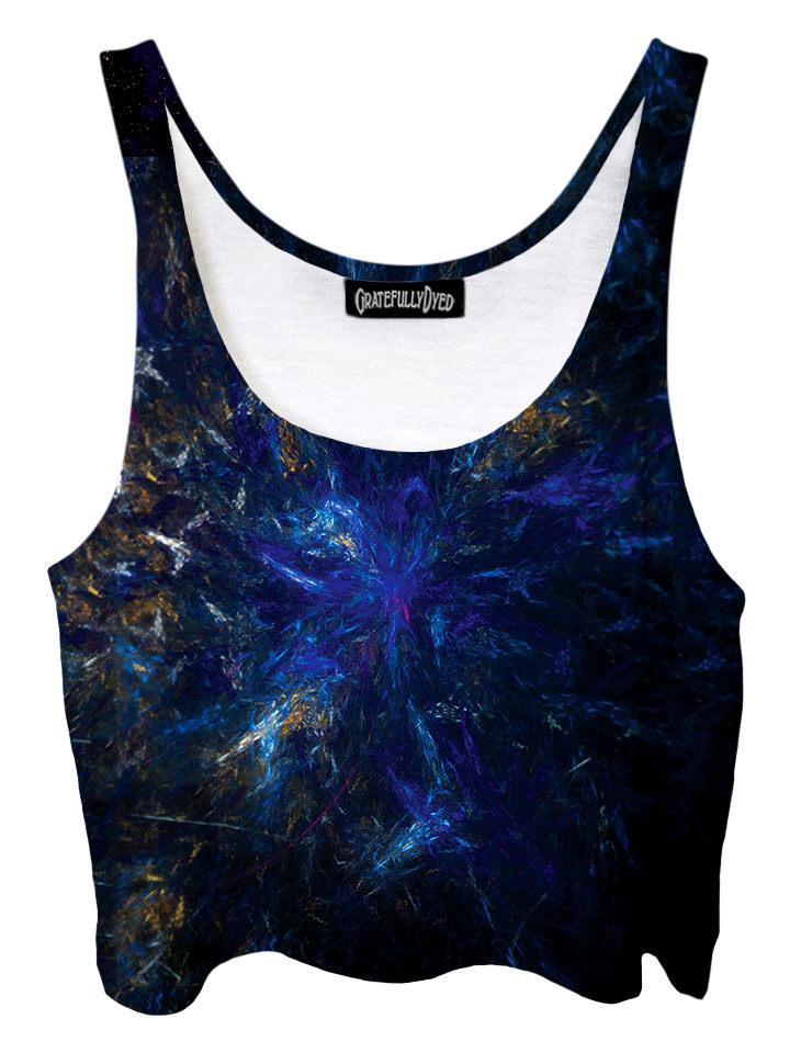 Trippy front view of GratefullyDyed Apparel blue & black dark forest galaxy crop top.