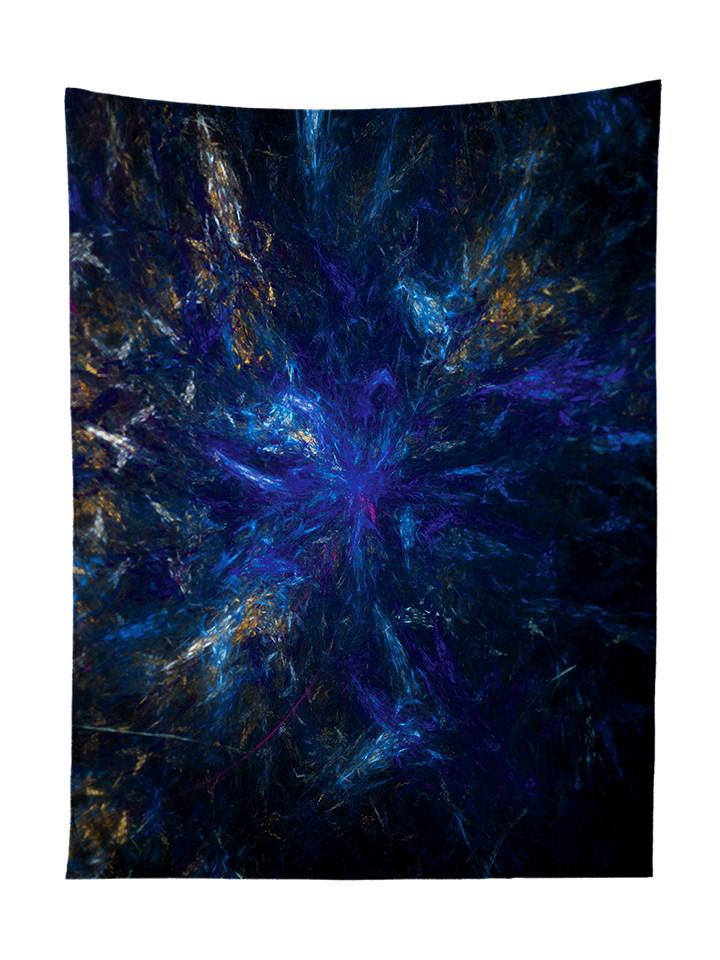 Vertical hanging view of all over print blue & black dark forest galaxy tapestry by GratefullyDyed Apparel.