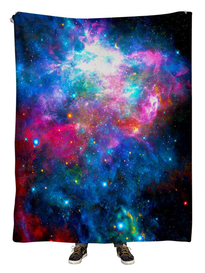 Hanging view of all over print rainbow galaxy blanket by GratefullyDyed Apparel.