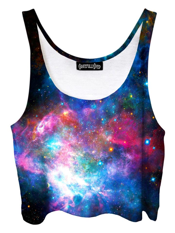 Trippy front view of GratefullyDyed Apparel pink & blue galaxy crop top.
