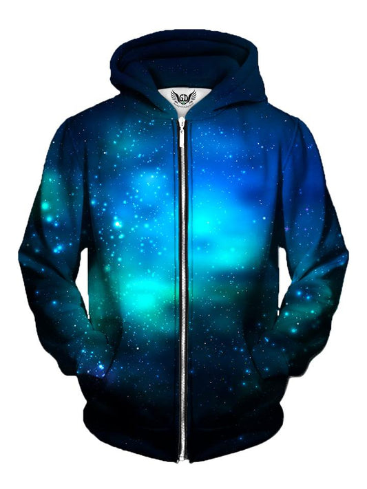 Men's deep blue galaxy zip-up hoodie front view.