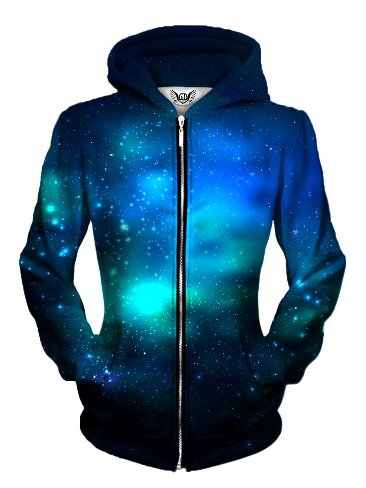 Front view of women's all over print space zip up hoody by Gratefully Dyed Apparel.