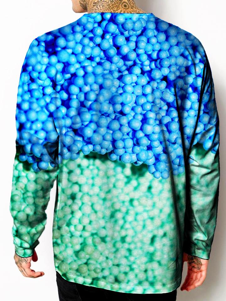 Model back view of all over print psychedelic ice cream foodie unisex longsleeve.
