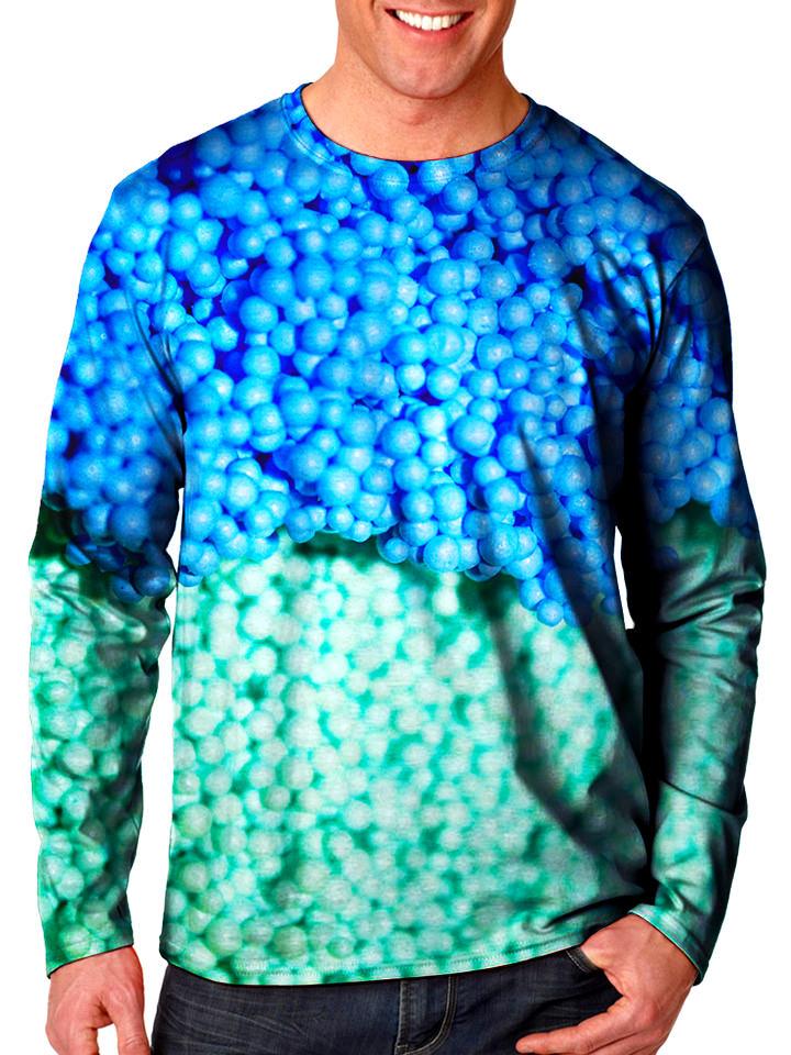 Front view of model wearing Gratefully Dyed Apparel dippin' dots unisex long sleeve.