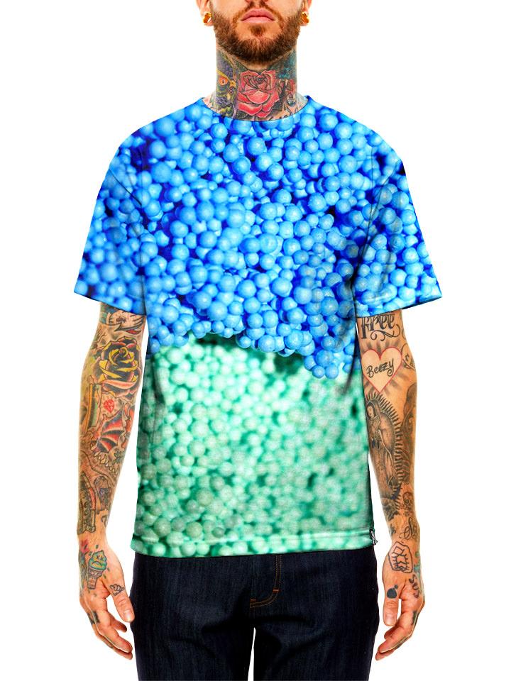 Model wearing GratefullyDyed Apparel blue & green dippin dots ice cream unisex t-shirt.