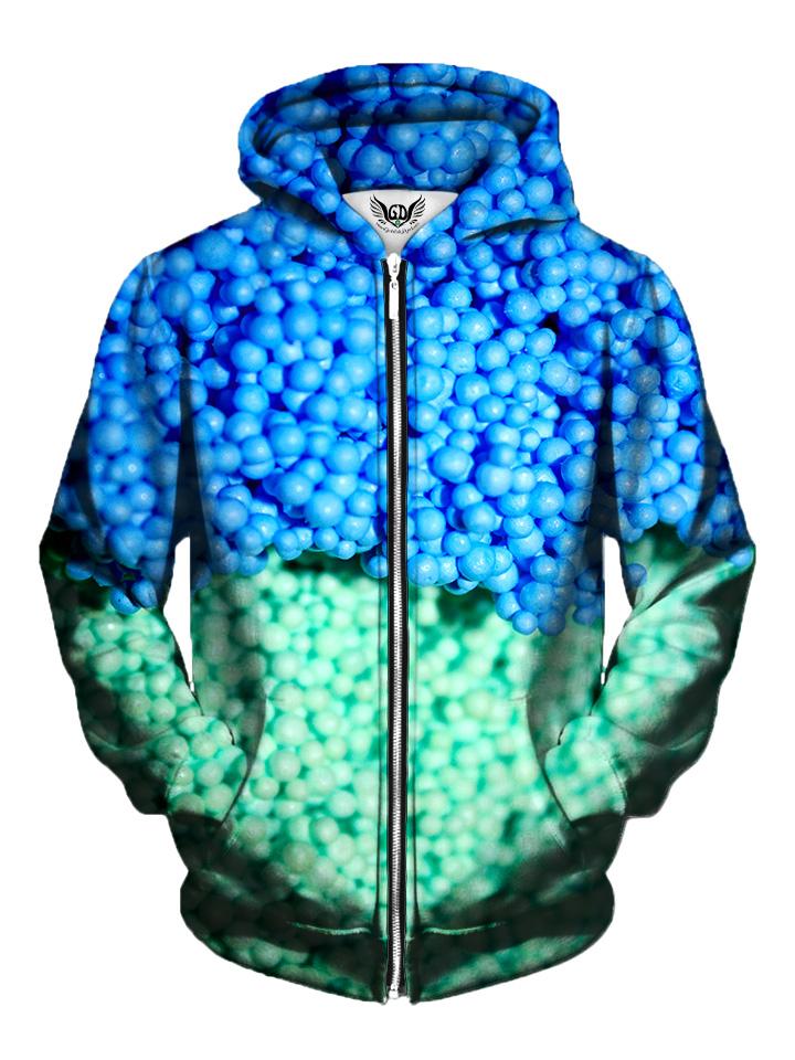 Men's blue & green dippin' dots zip-up hoodie front view.