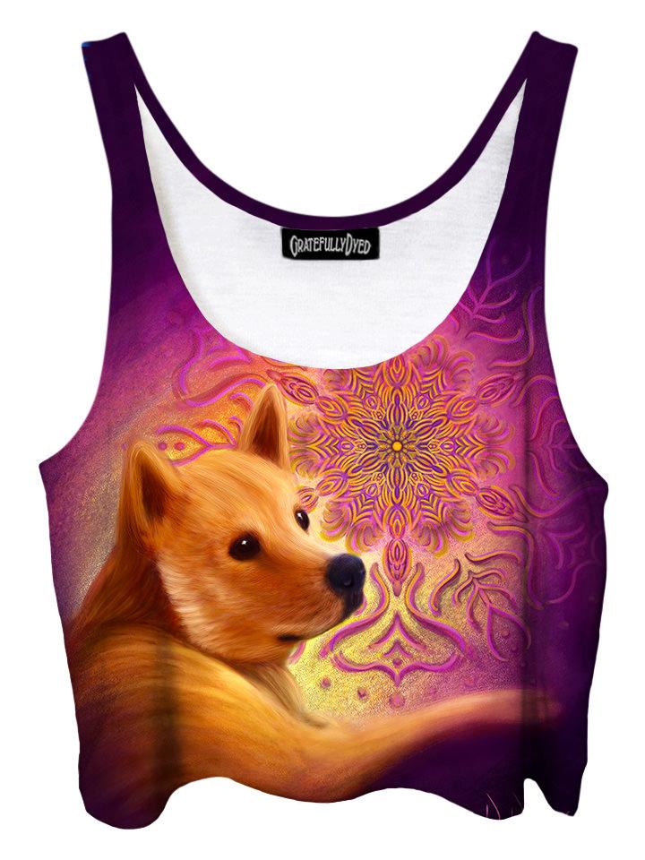 Trippy front view of GratefullyDyed Apparel pink & brown dog fractal crop top.